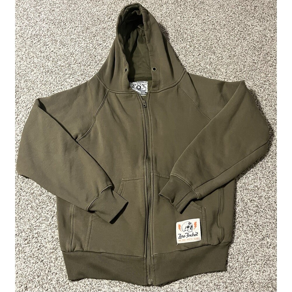 Men's Zero Foxtrot Olive Green Hooded Zip Front Sweatshirt, Medium
